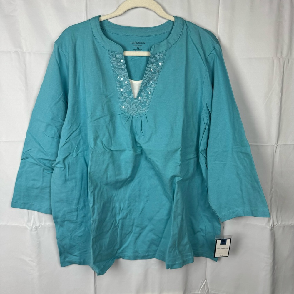 NWT Croft & Barrow 3X Woman Stretch Long Sleeve Blue V Neck Top Blouse